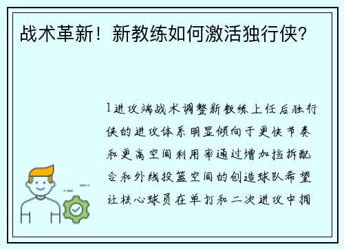 战术革新！新教练如何激活独行侠？